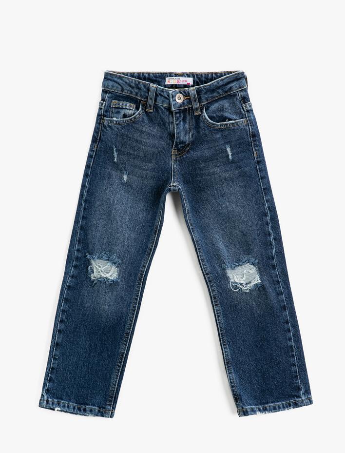 Kız Çocuk Kot Pantolon Düz Boru Paça Pamuklu Cepli - Loose Jean