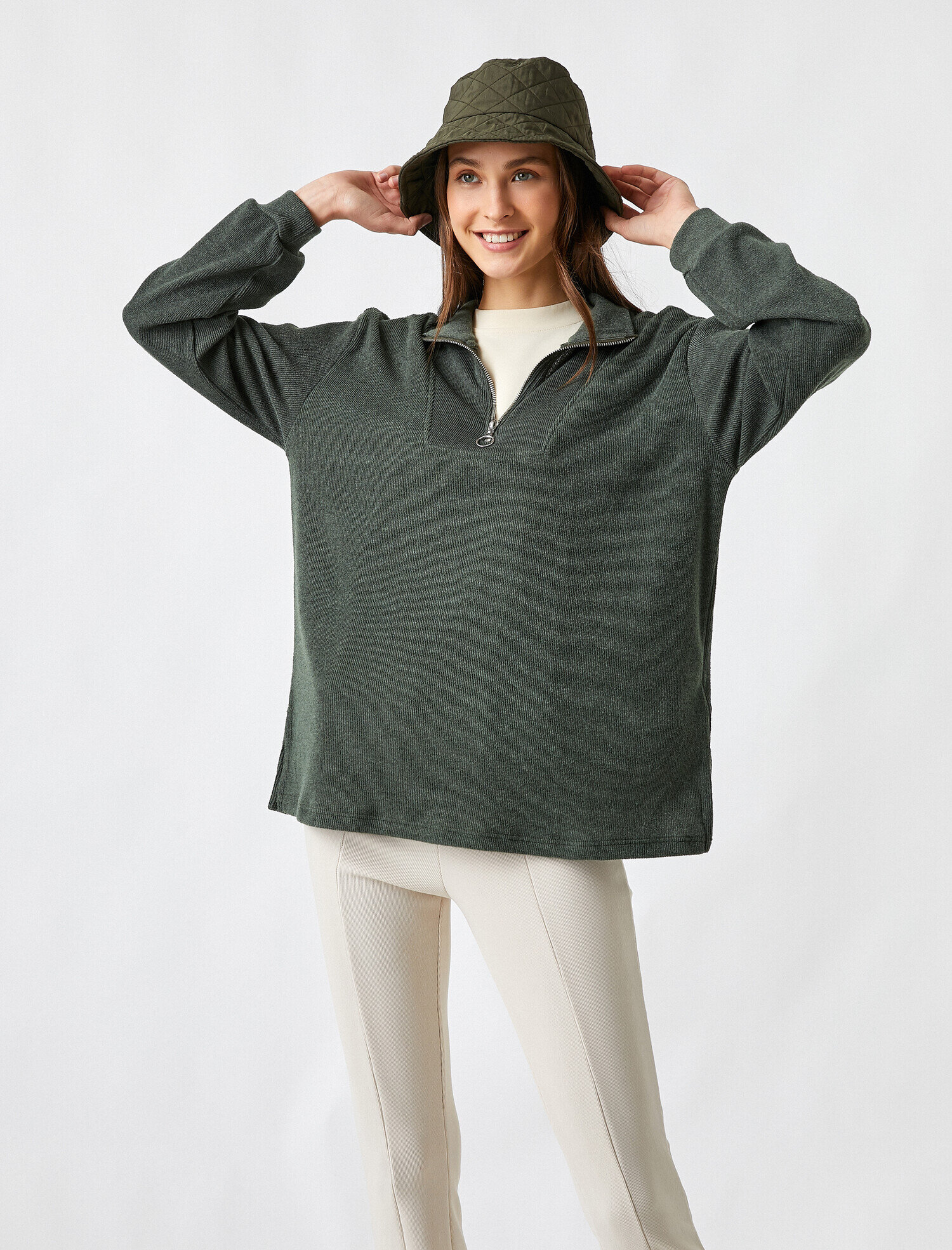   Fermuarlı Dik Yaka Oversize Sweatshirt
