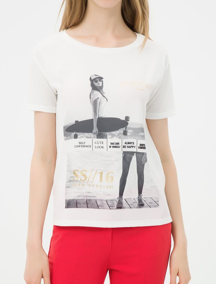  Baskılı Tişört Kısa Kollu Bisiklet Yaka