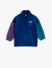 Baskılı Kanguru Cepli Boğazlı Sweatshirt Fermuarlı