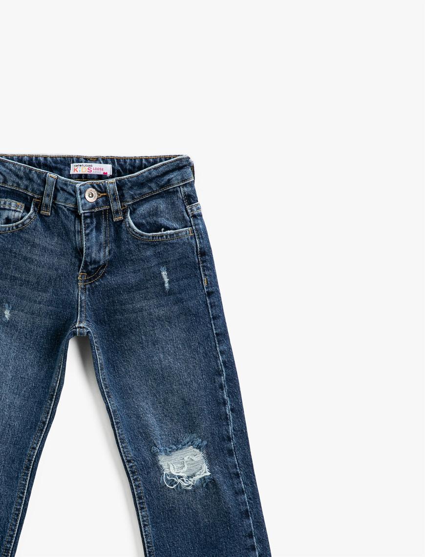  Kız Çocuk Kot Pantolon Düz Boru Paça Pamuklu Cepli - Loose Jean