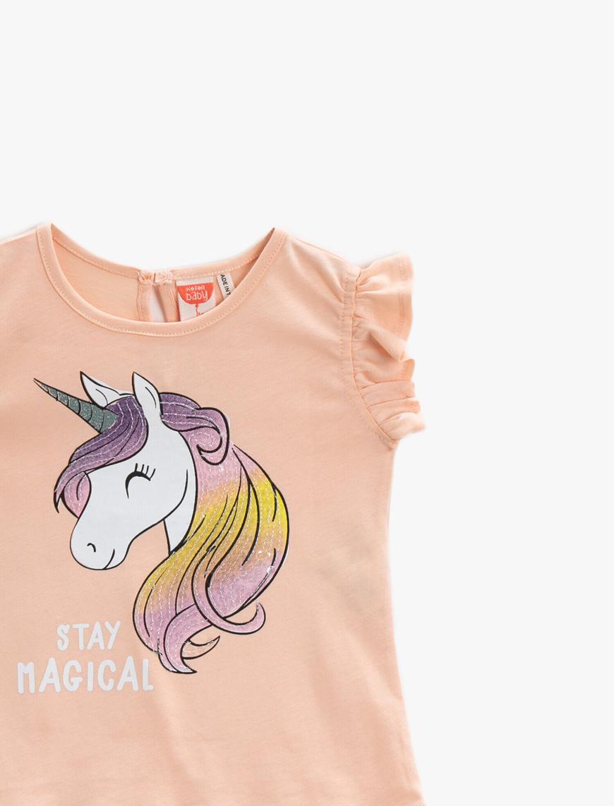  Kız Bebek Kolları Fırfırlı Pamuklu Tişört Unicorn Baskılı