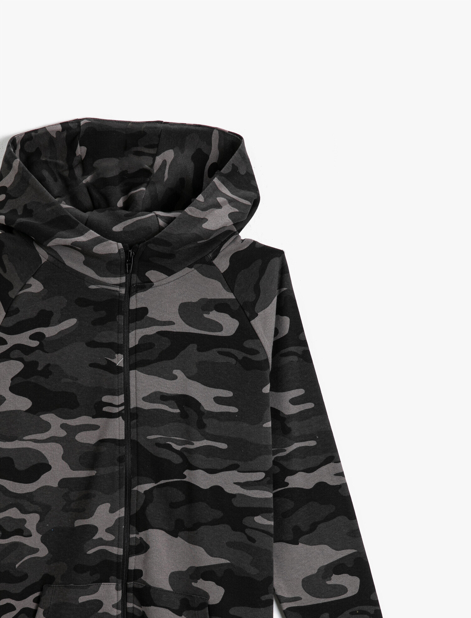 Yeşil Erkek Çocuk Kamuflaj Desenli Fermuarlı Kapüşonlu Sweatshirt