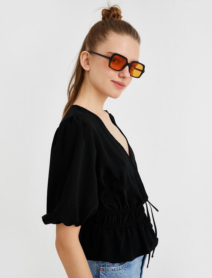  Balon Kollu V Yaka Fırfırlı Bluz