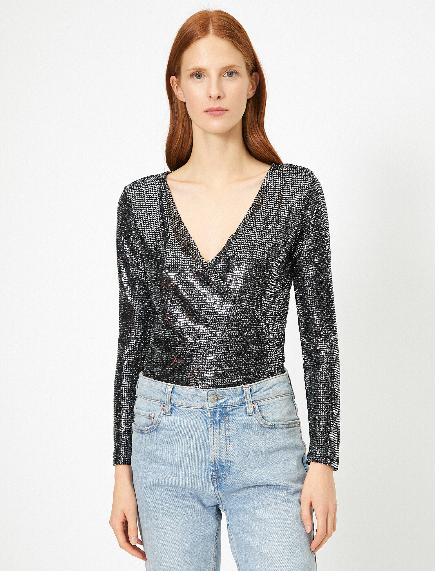   Pullu Kruvaze Uzun Kollu Abiye Bluz