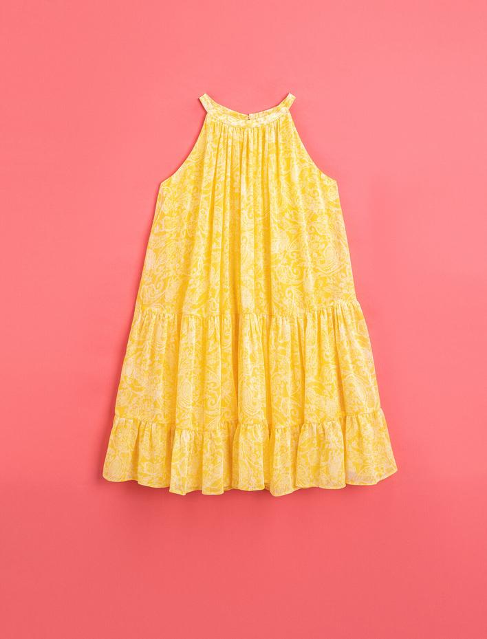 Kız Çocuk Desenli Elbise Halter Yaka