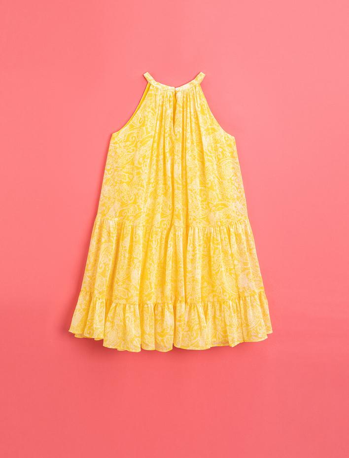 Kız Çocuk Desenli Elbise Halter Yaka