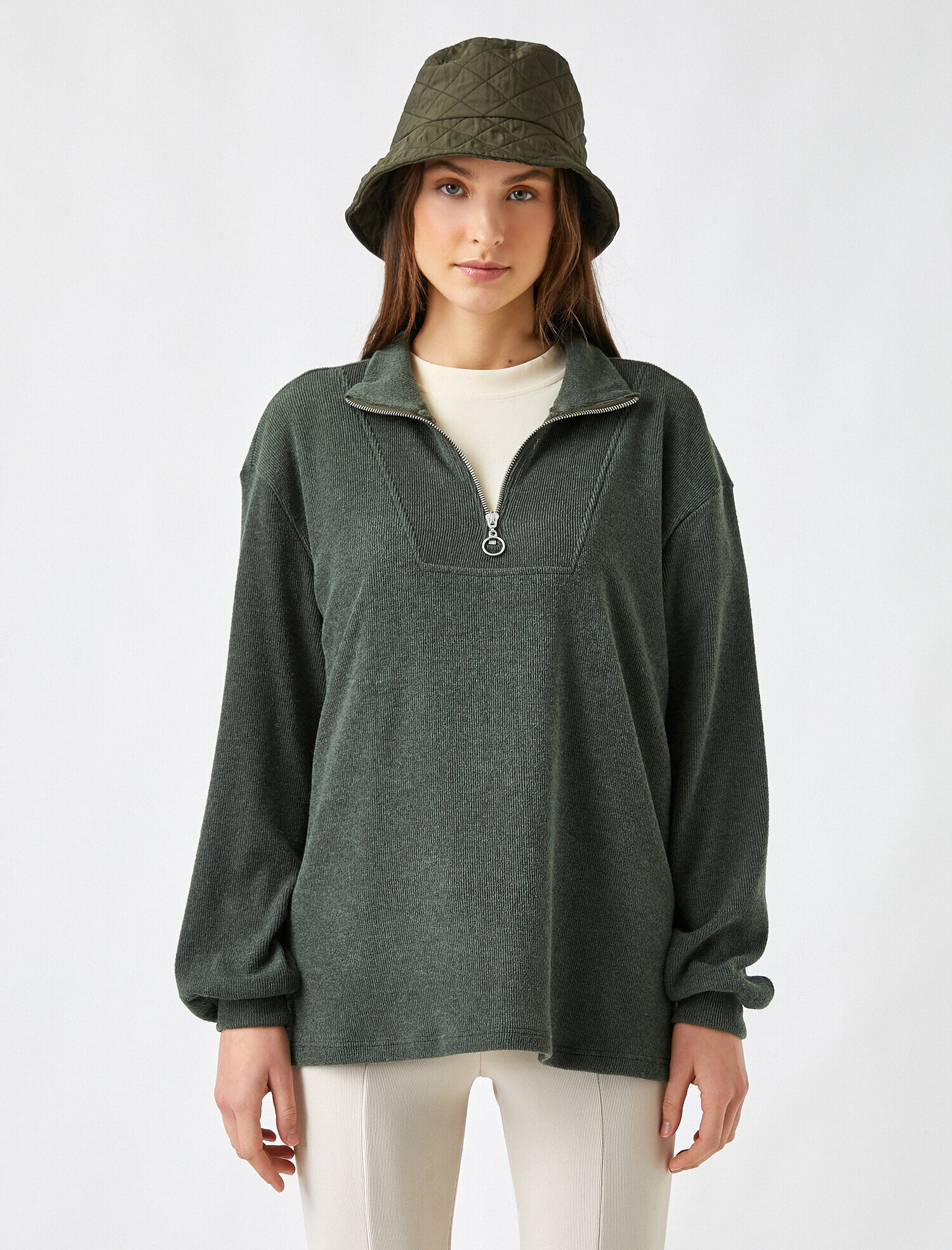   Fermuarlı Dik Yaka Oversize Sweatshirt
