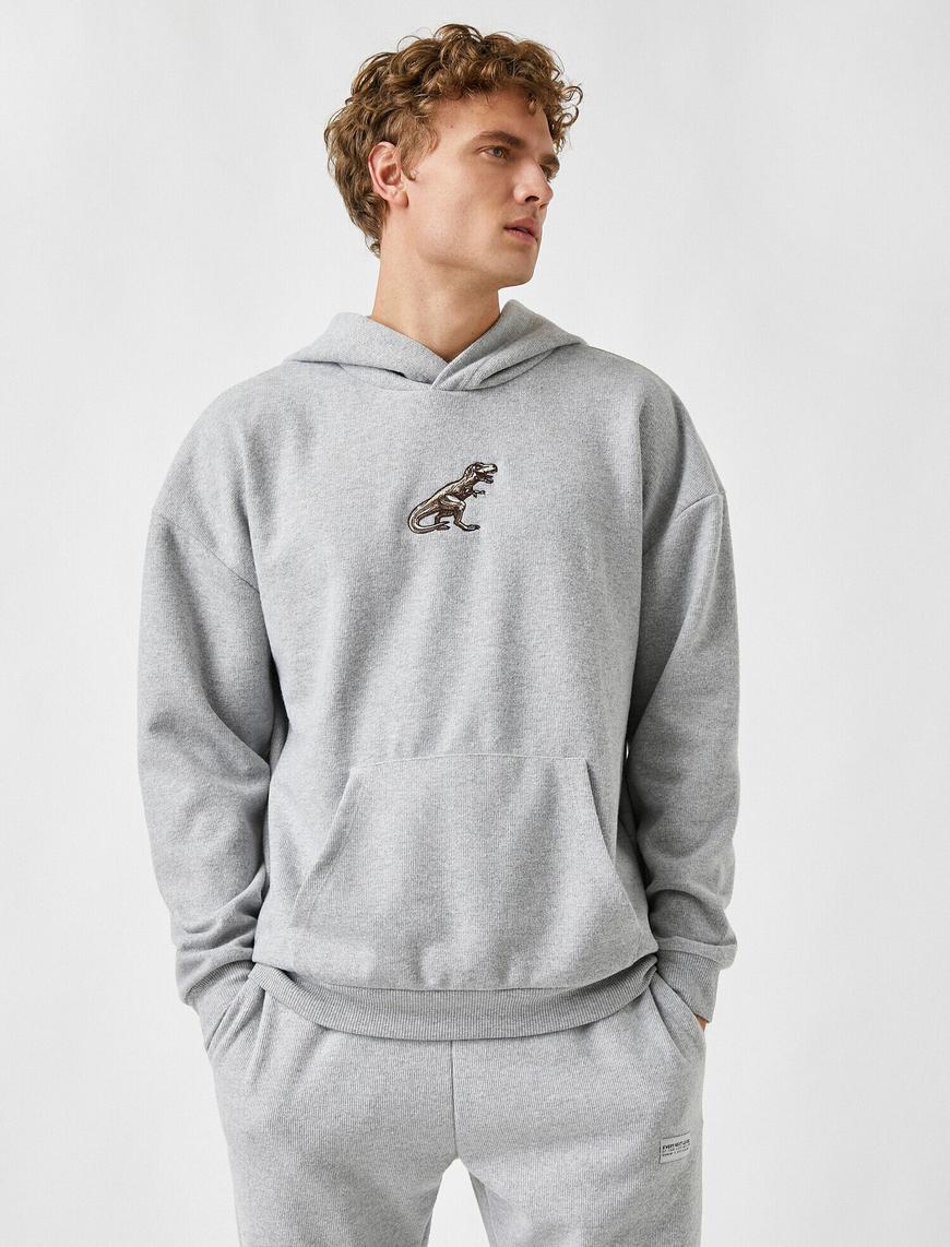   Dinozor İşlemeli Kapşonlu Sweatshirt