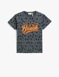 Palmiye Baskılı Kısa Kollu Tişört Pamuklu