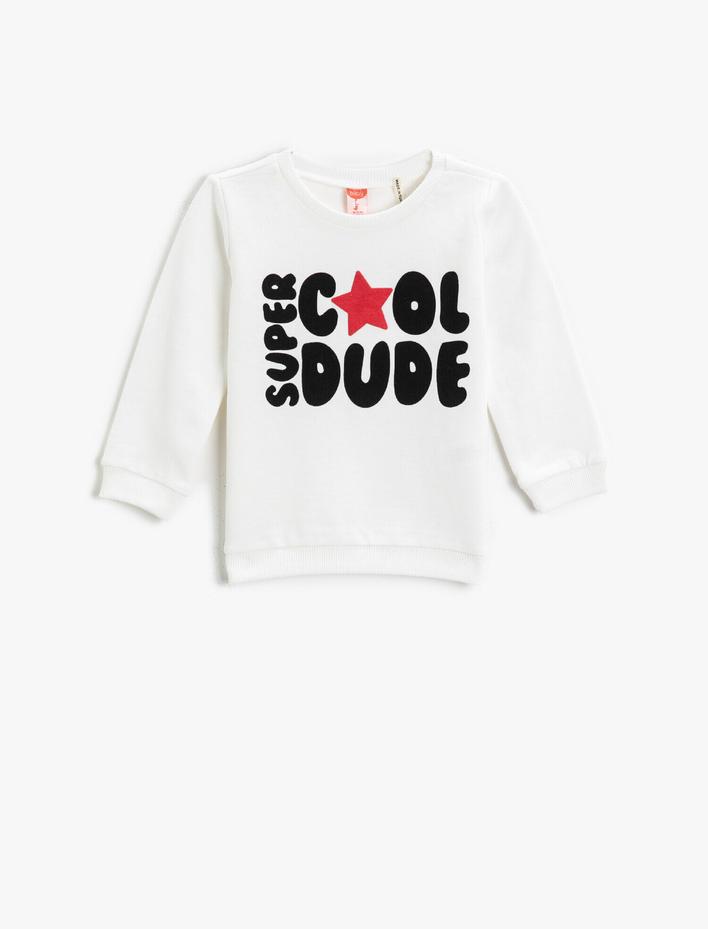 Erkek Bebek Yazı Baskılı Sweatshirt Bisiklet Yaka Pamuklu