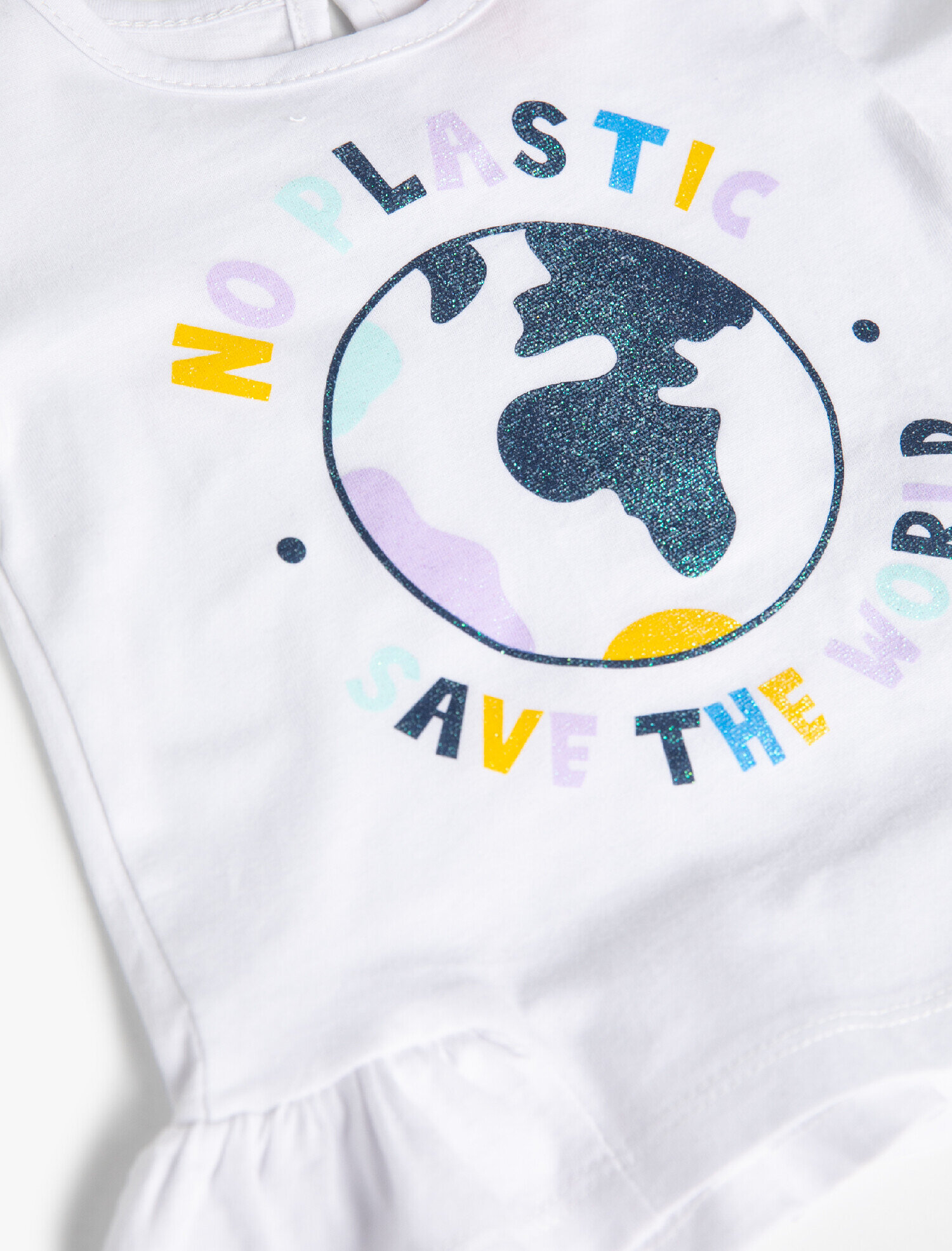  Kız Bebek Simli Dünya Baskılı Yazılı Kısa Kollu Tişört Pamuklu