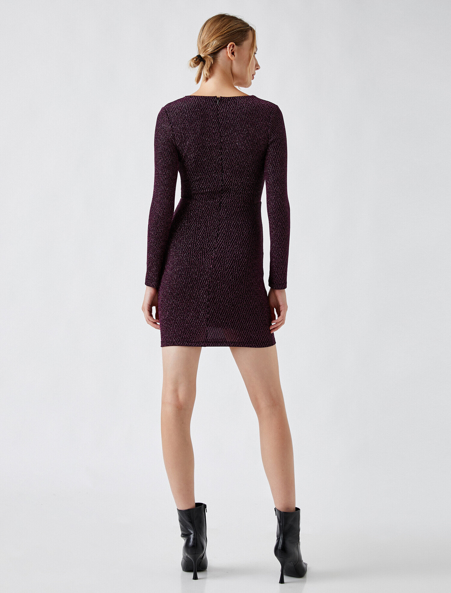   Simli Abiye Elbise V Yaka Uzun Kollu Mini