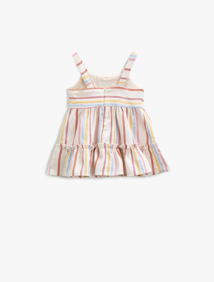 Kız Bebek Çizgili Elbise Süs Düğmeli Askılı