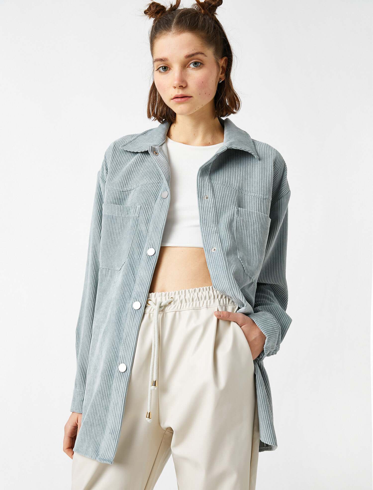   Fitilli Kadife Cepli Gömlek Oversize