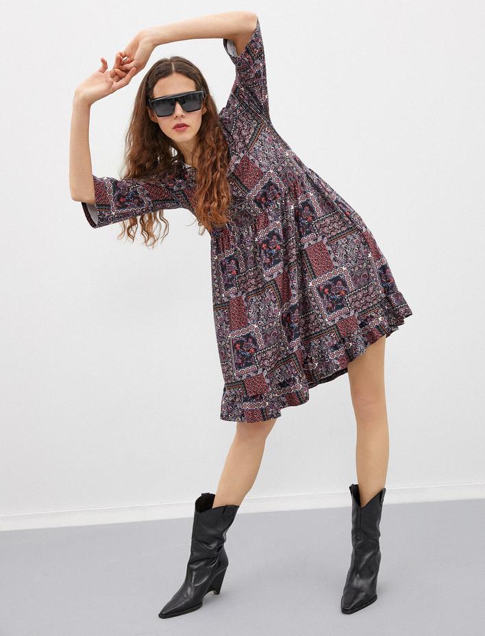  Şal Desenli Elbise 3/4 Kol Mini