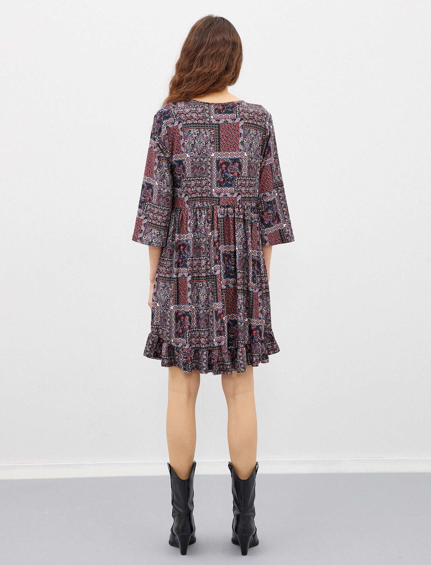   Şal Desenli Elbise 3/4 Kol Mini