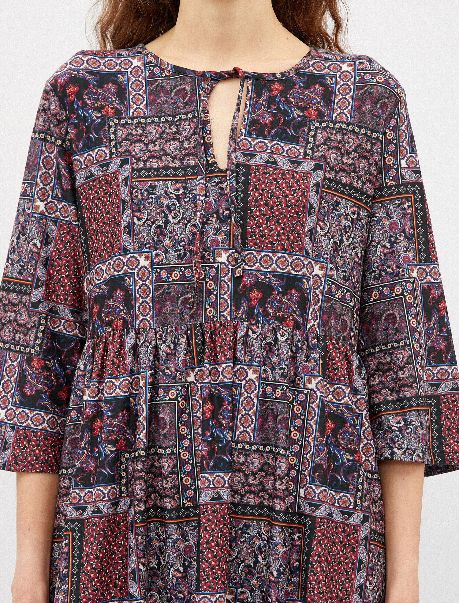   Şal Desenli Elbise 3/4 Kol Mini