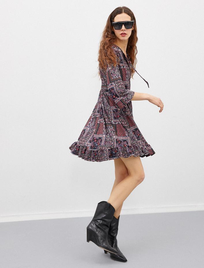  Şal Desenli Elbise 3/4 Kol Mini