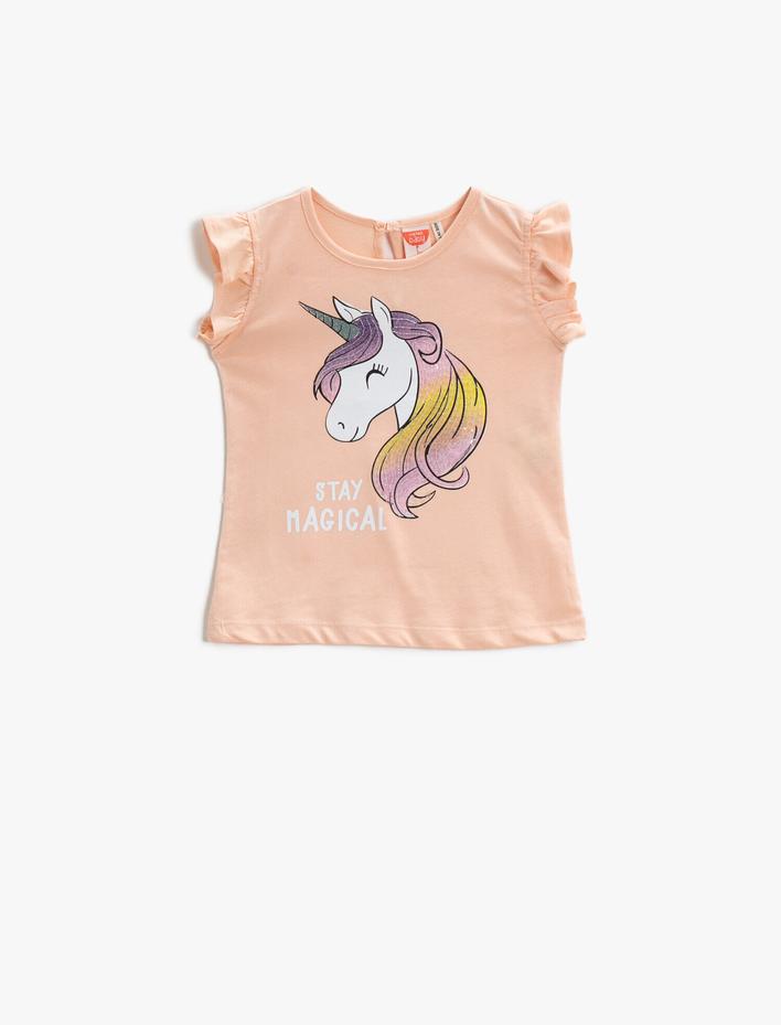 Kız Bebek Kolları Fırfırlı Pamuklu Tişört Unicorn Baskılı
