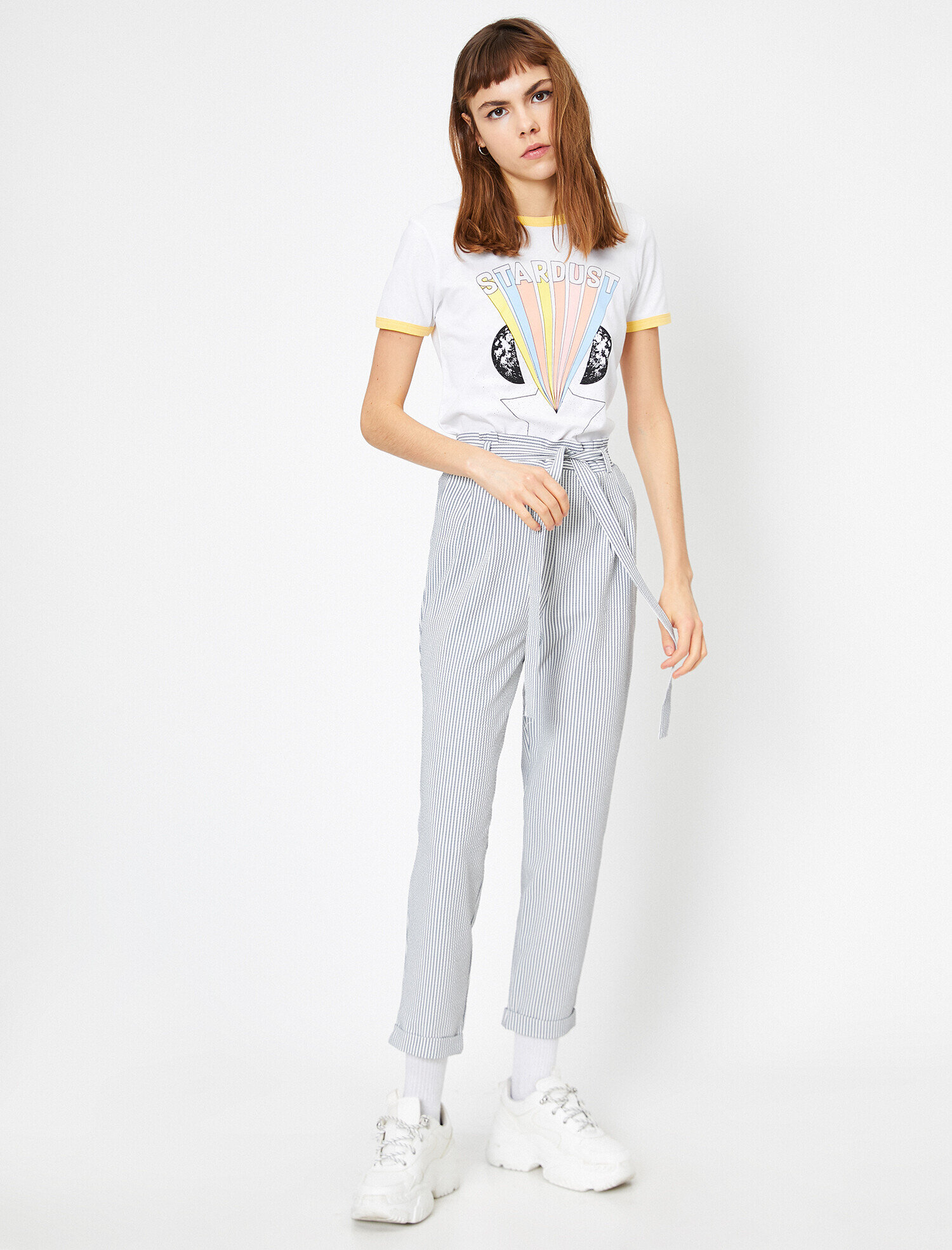   Çizgili Yüksek Bel Bağlama Detaylı Pantolon