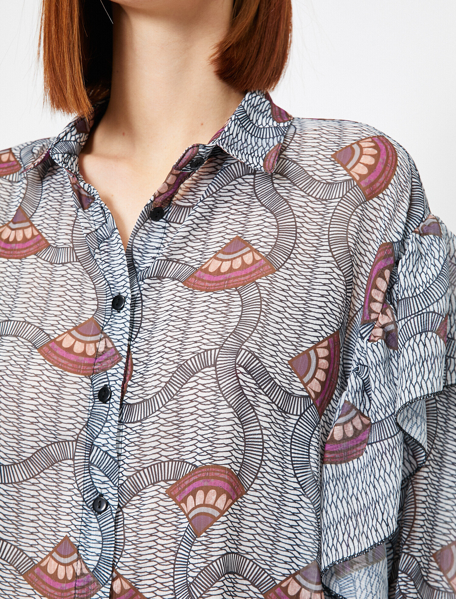   Fırfır Detaylı Geometrik Desen Uzun Kollu Gömlek