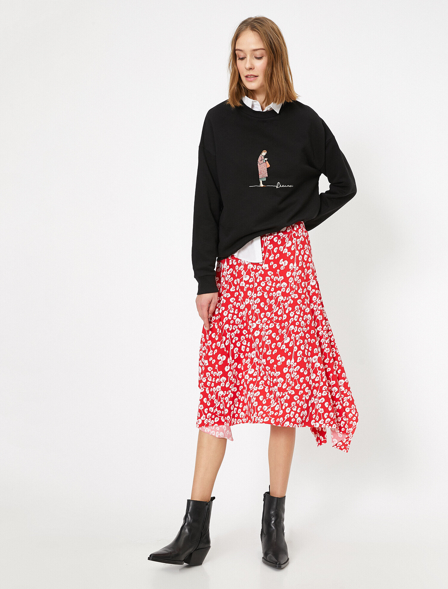   Çiçek Desenli Asimetrik Midi Boy Etek