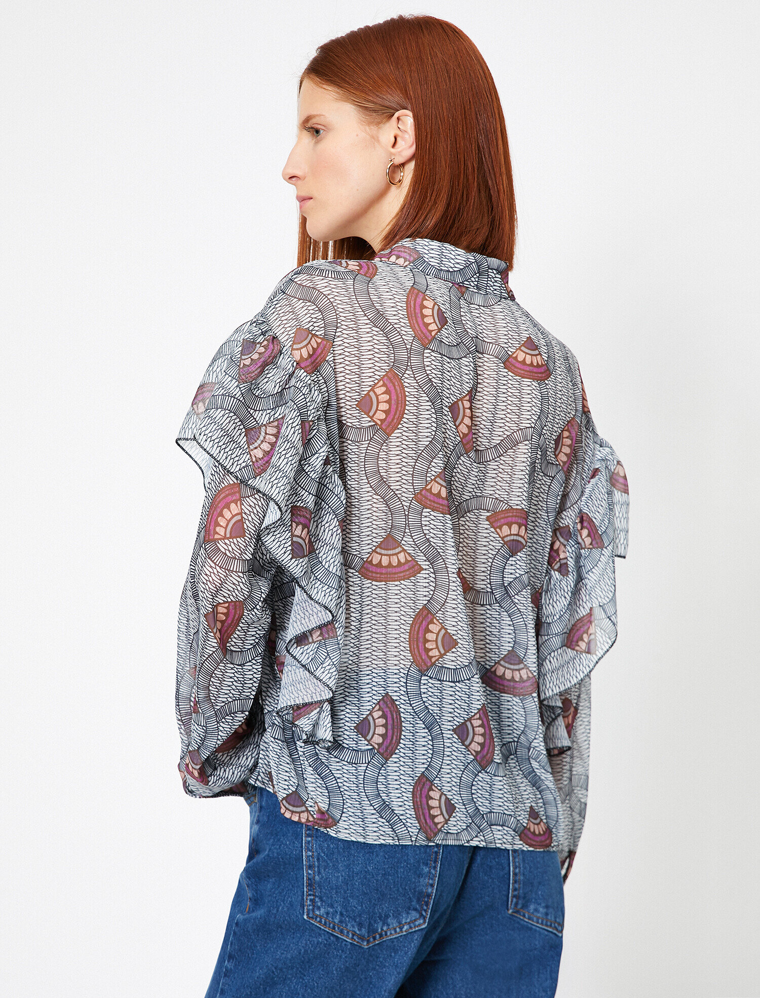   Fırfır Detaylı Geometrik Desen Uzun Kollu Gömlek