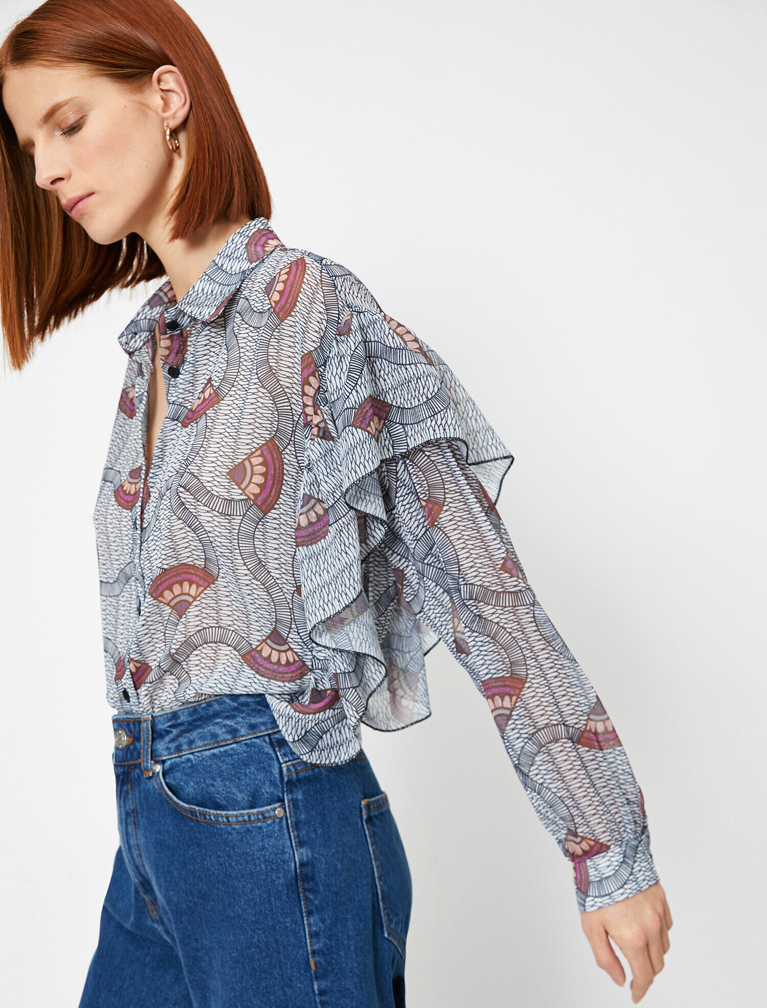   Fırfır Detaylı Geometrik Desen Uzun Kollu Gömlek