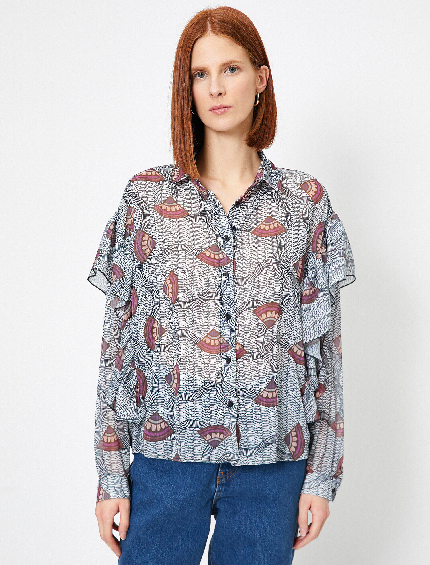   Fırfır Detaylı Geometrik Desen Uzun Kollu Gömlek