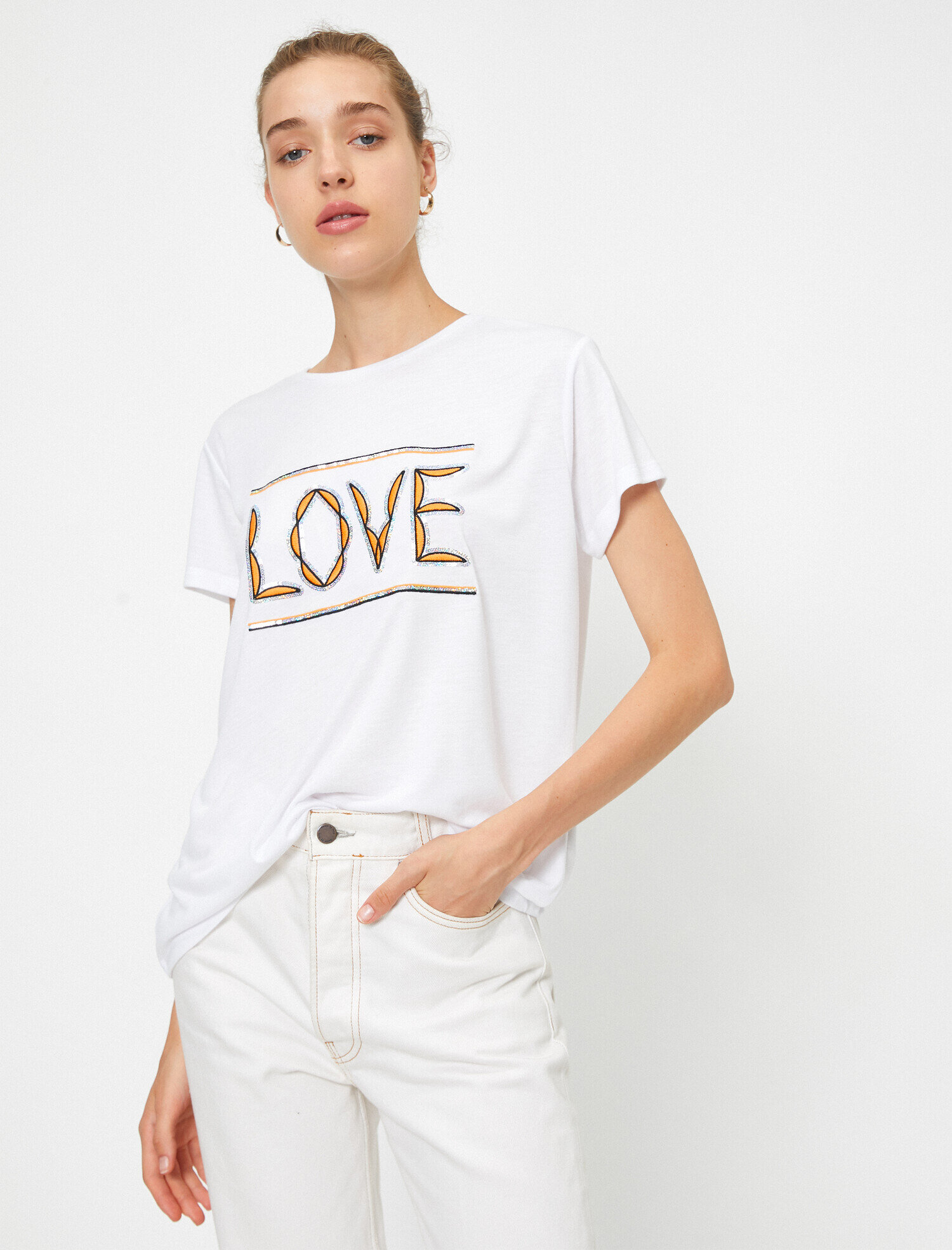   Bisiklet Yaka Kusa Kollu Pullu Tişört