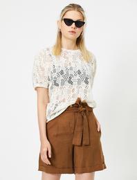 Bisiklet Yaka Kısa Kollu Dantel Detaylı Tişört