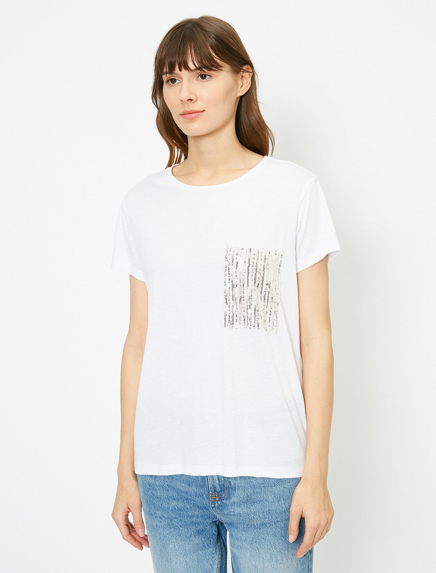   Pul Payet Cep Detaylı Standart Kalıp Bisiklet Yaka Tişört