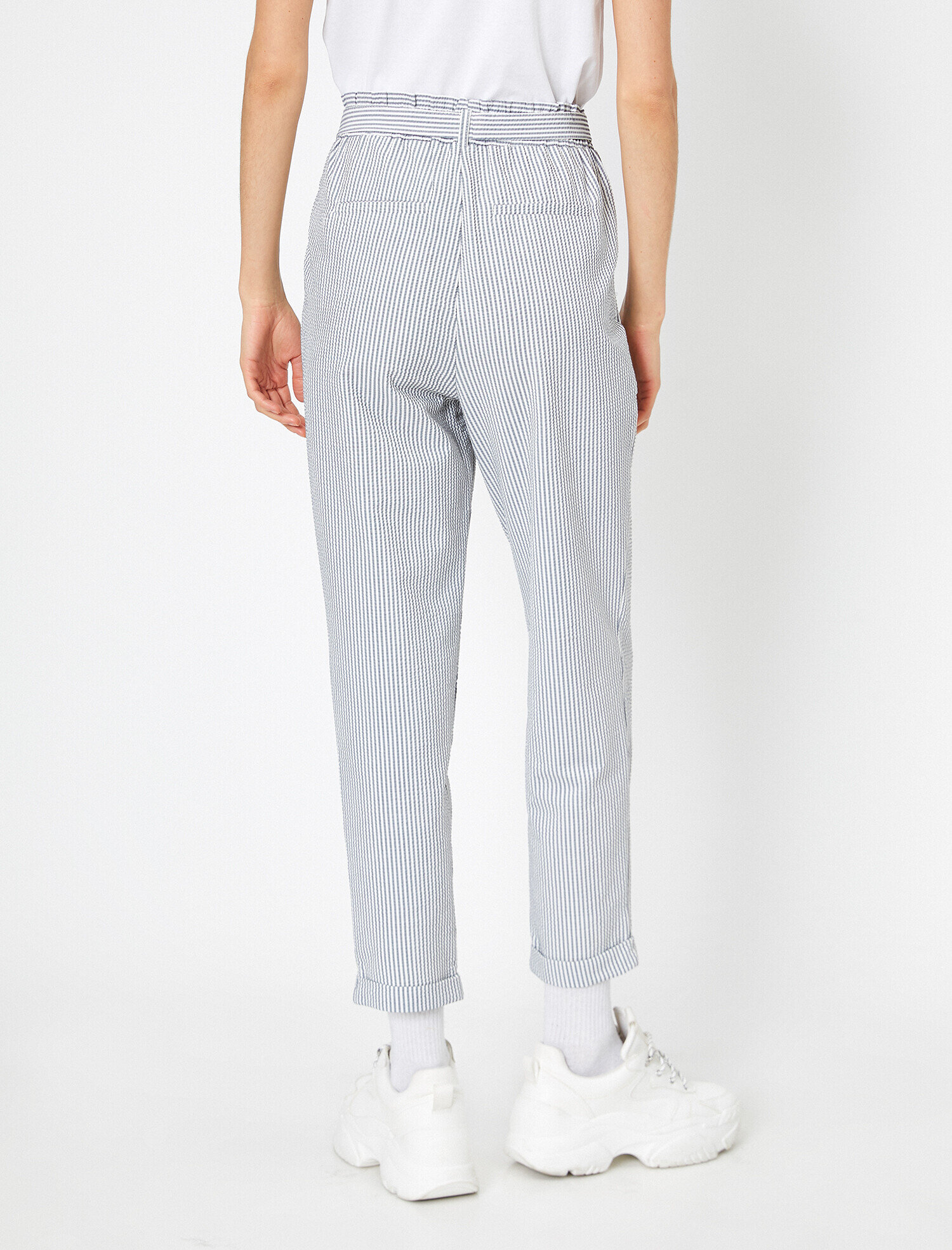   Çizgili Yüksek Bel Bağlama Detaylı Pantolon