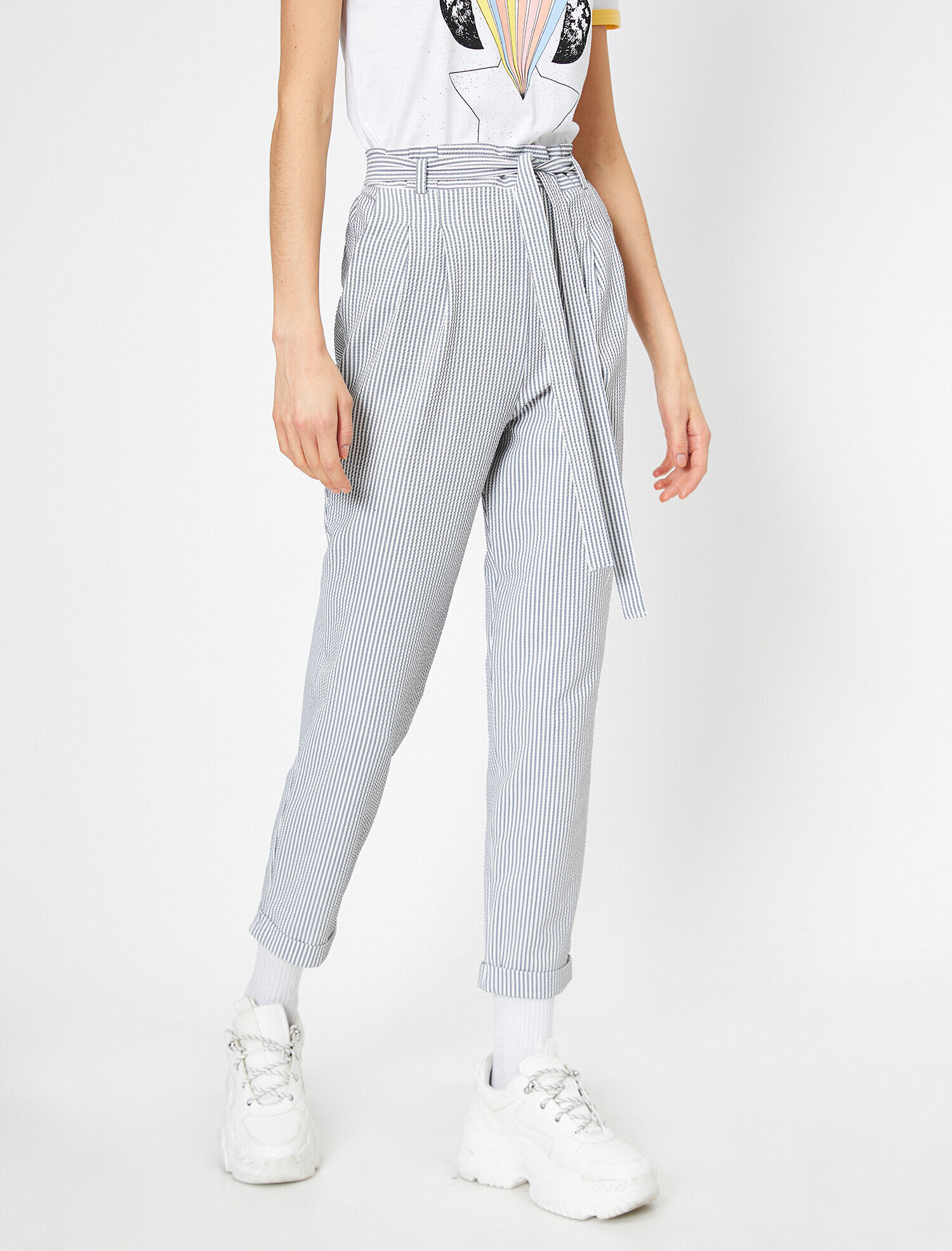   Çizgili Yüksek Bel Bağlama Detaylı Pantolon