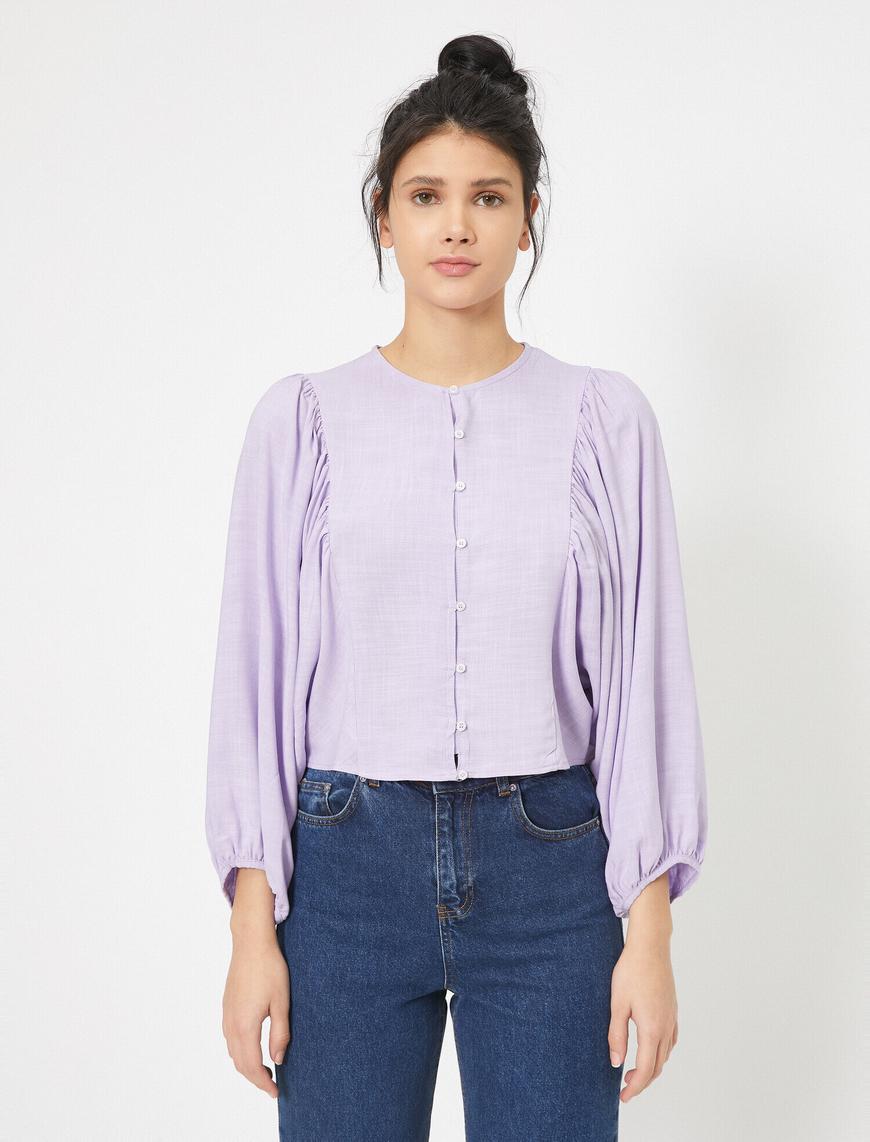   3/4 Kol Düğme Detaylı Crop Bluz