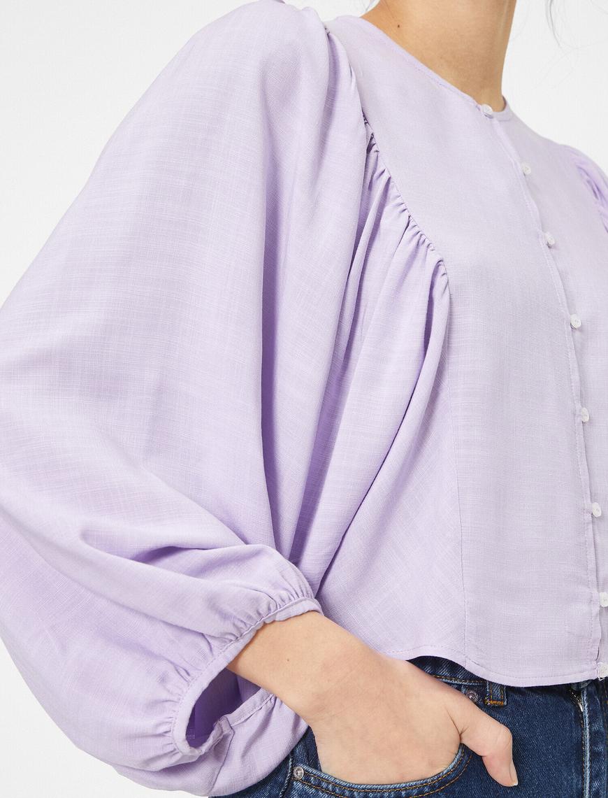   3/4 Kol Düğme Detaylı Crop Bluz