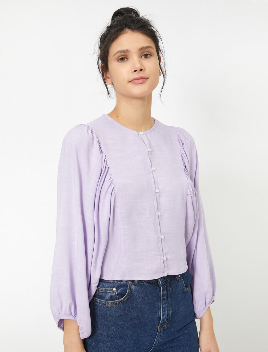   3/4 Kol Düğme Detaylı Crop Bluz