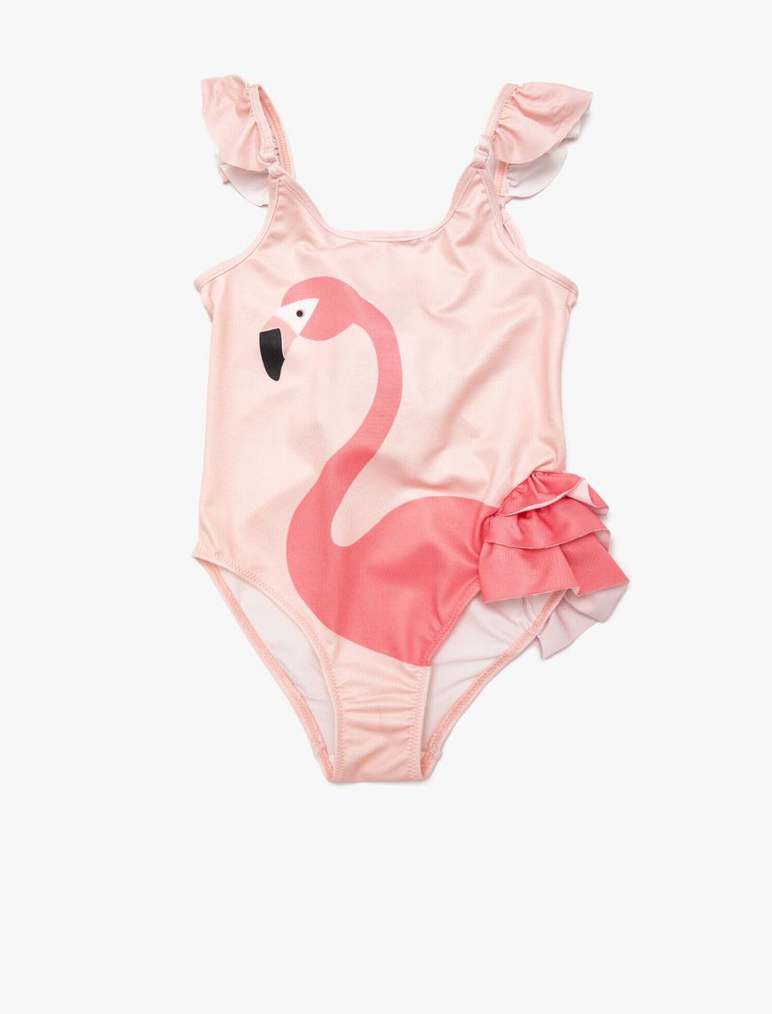  Kız Çocuk Mayo Flamingo Baskılı Fırfırlı