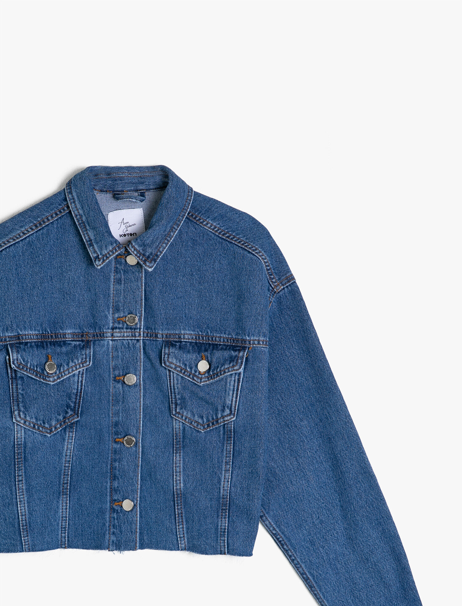 Yakasi Baskili Crop Jean Ceket