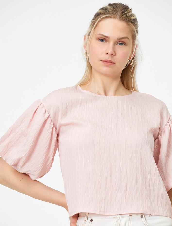  Bisiklet Yaka Kısa Kollu Kolları Volanlı Bluz