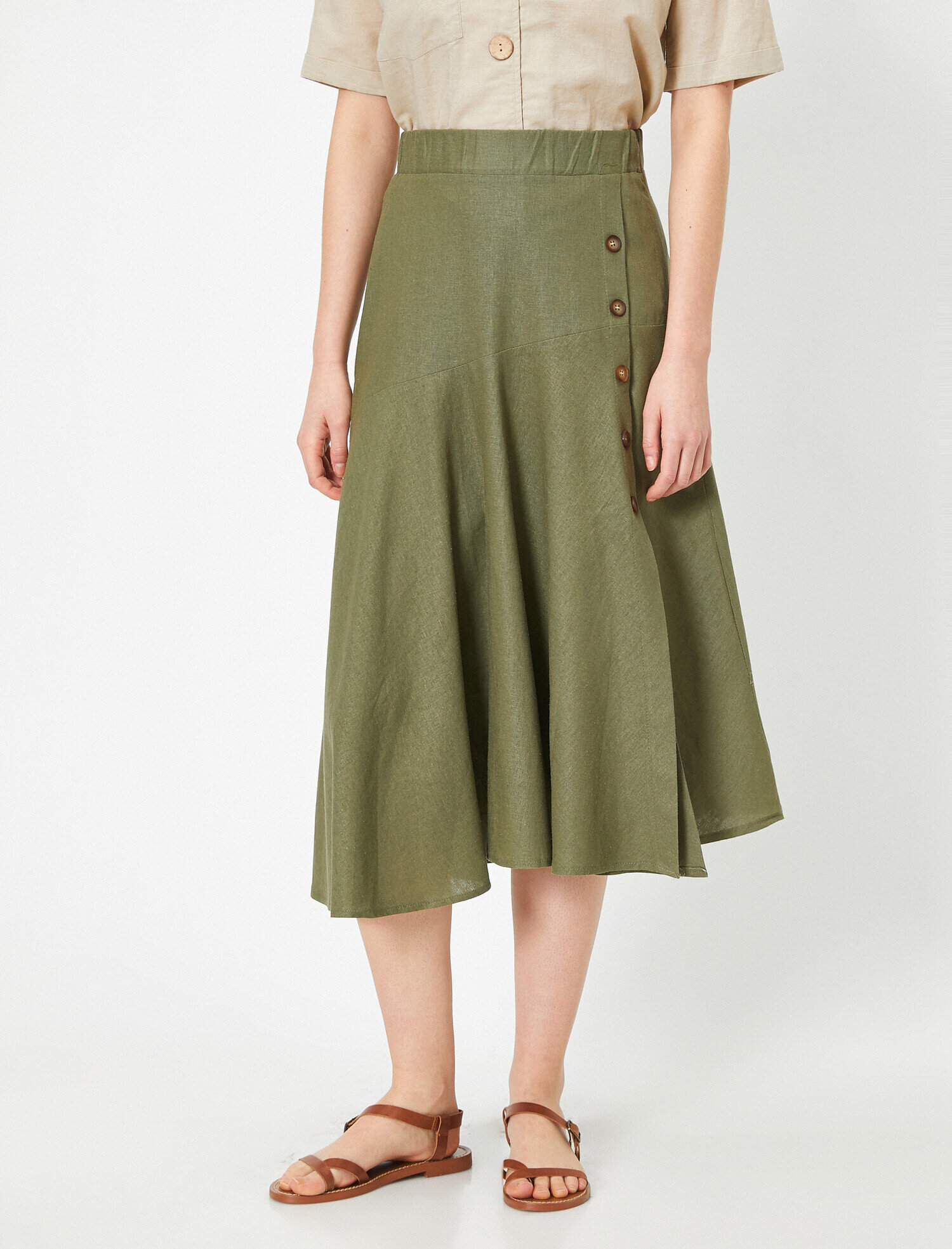   Düğme Detaylı Etek Keten Karışımlı