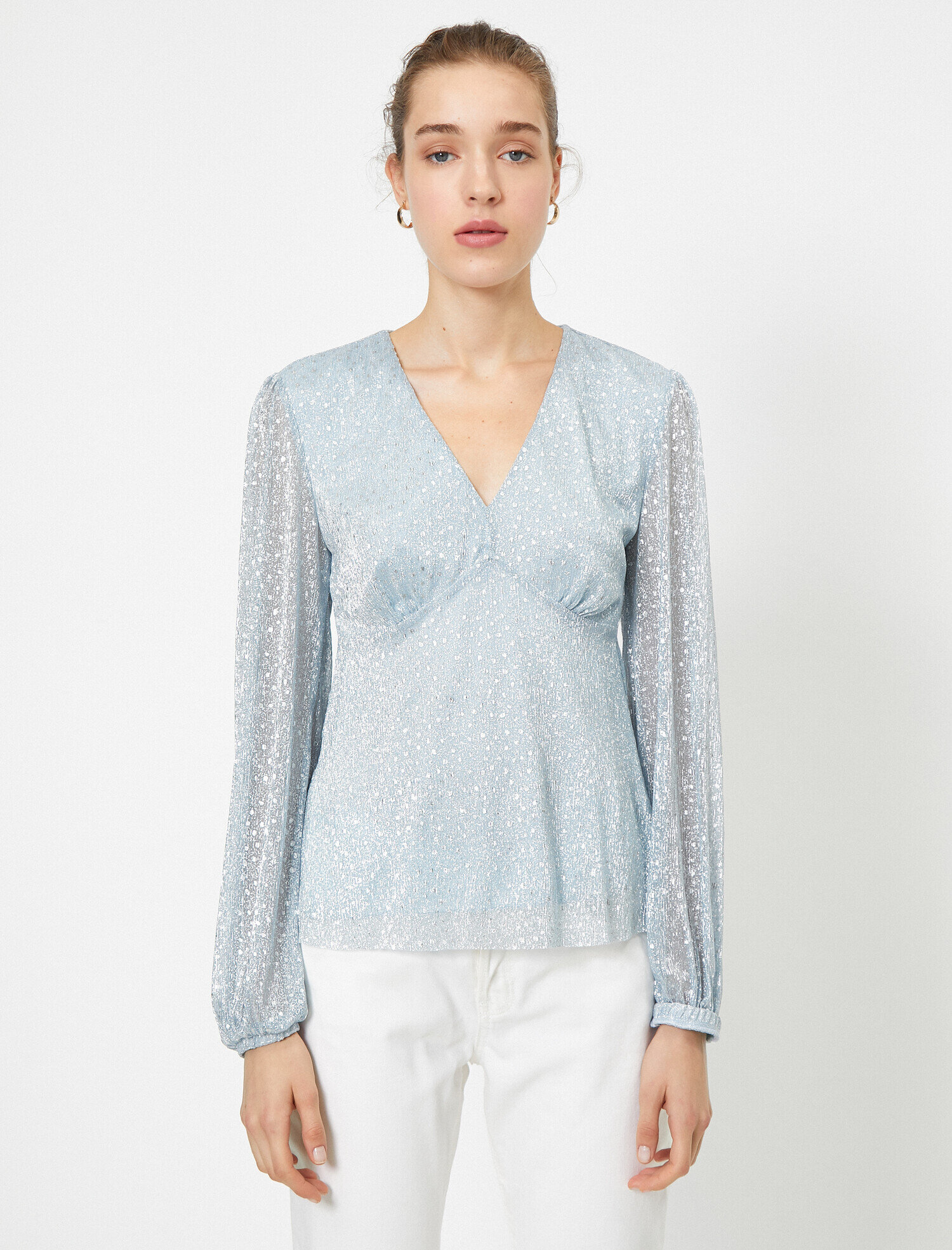   V Yaka Uzun Kollu Sim Detaylı Abiye Bluz