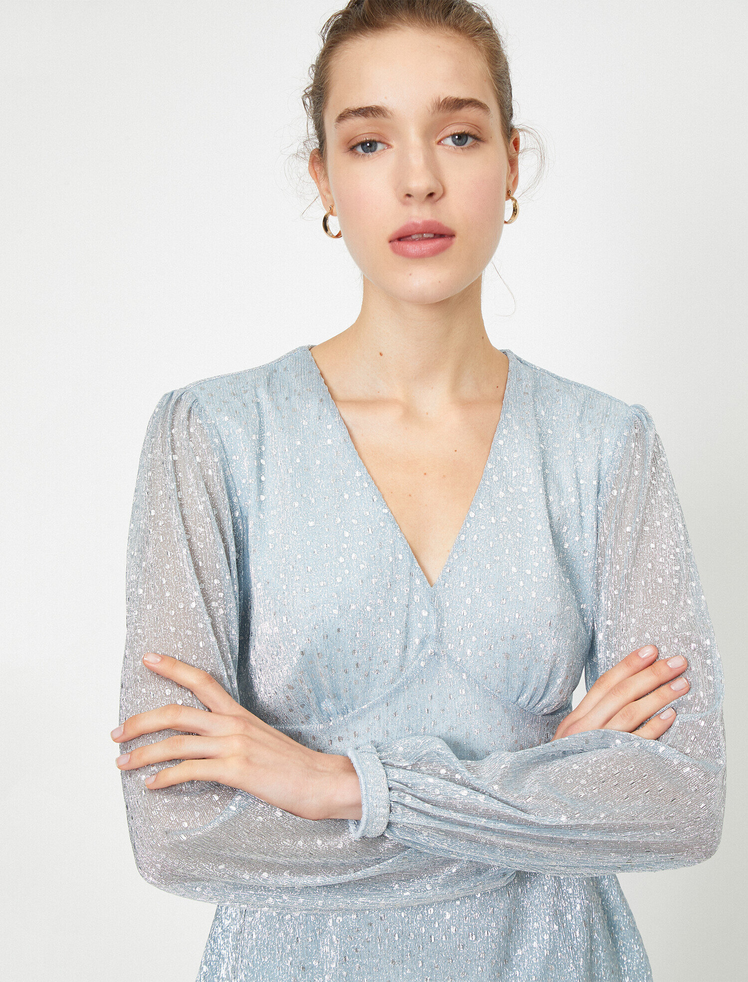   V Yaka Uzun Kollu Sim Detaylı Abiye Bluz