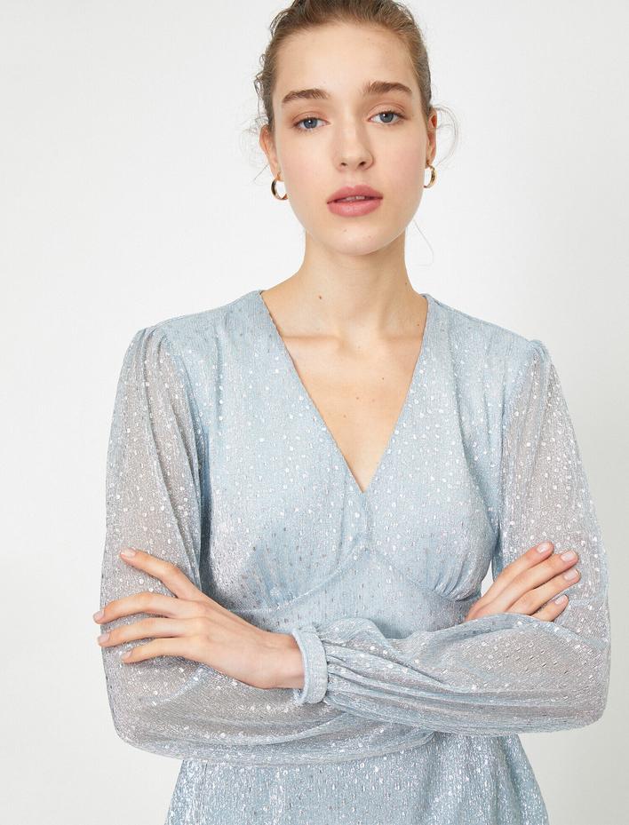  V Yaka Uzun Kollu Sim Detaylı Abiye Bluz