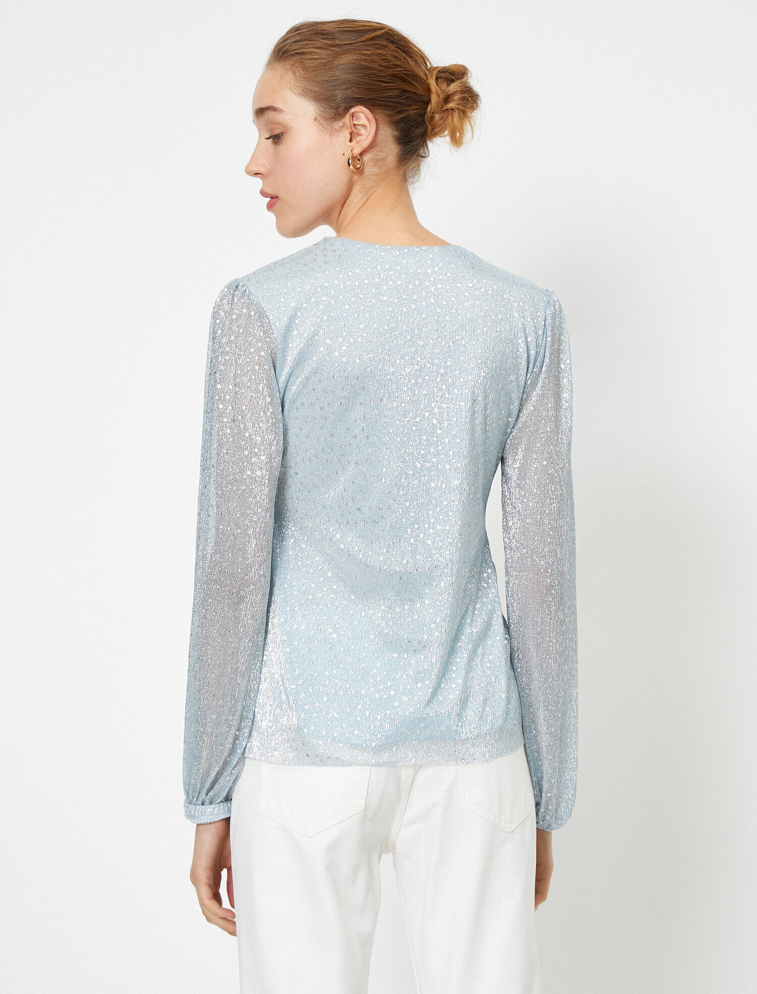   V Yaka Uzun Kollu Sim Detaylı Abiye Bluz