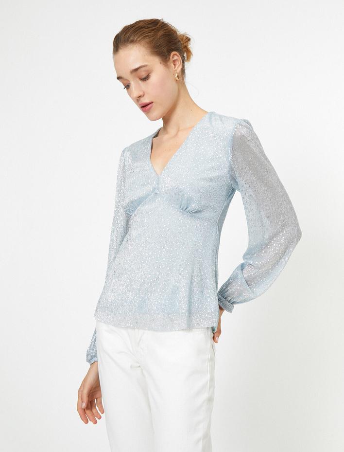  V Yaka Uzun Kollu Sim Detaylı Abiye Bluz