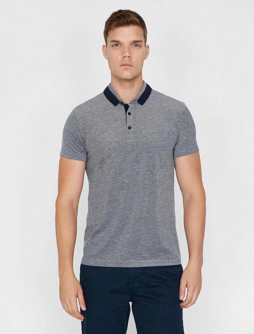aym　様 Lacivert Erkek Polo Yaka Slim Fit Yakası Renk Bloklu Tişört