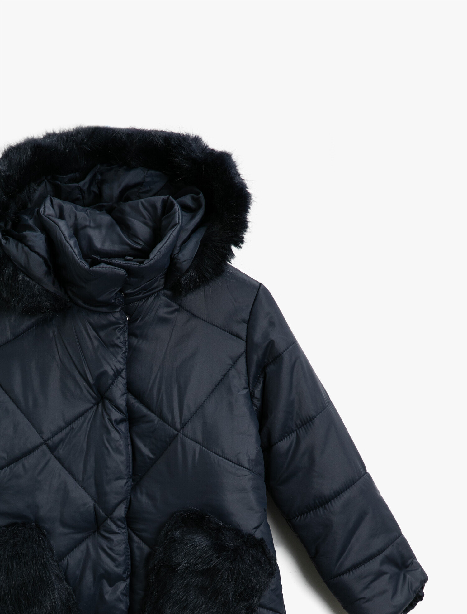  Kız Çocuk Kapüşonlu Cepli Tüylü Fermuarlı Şişme Mont