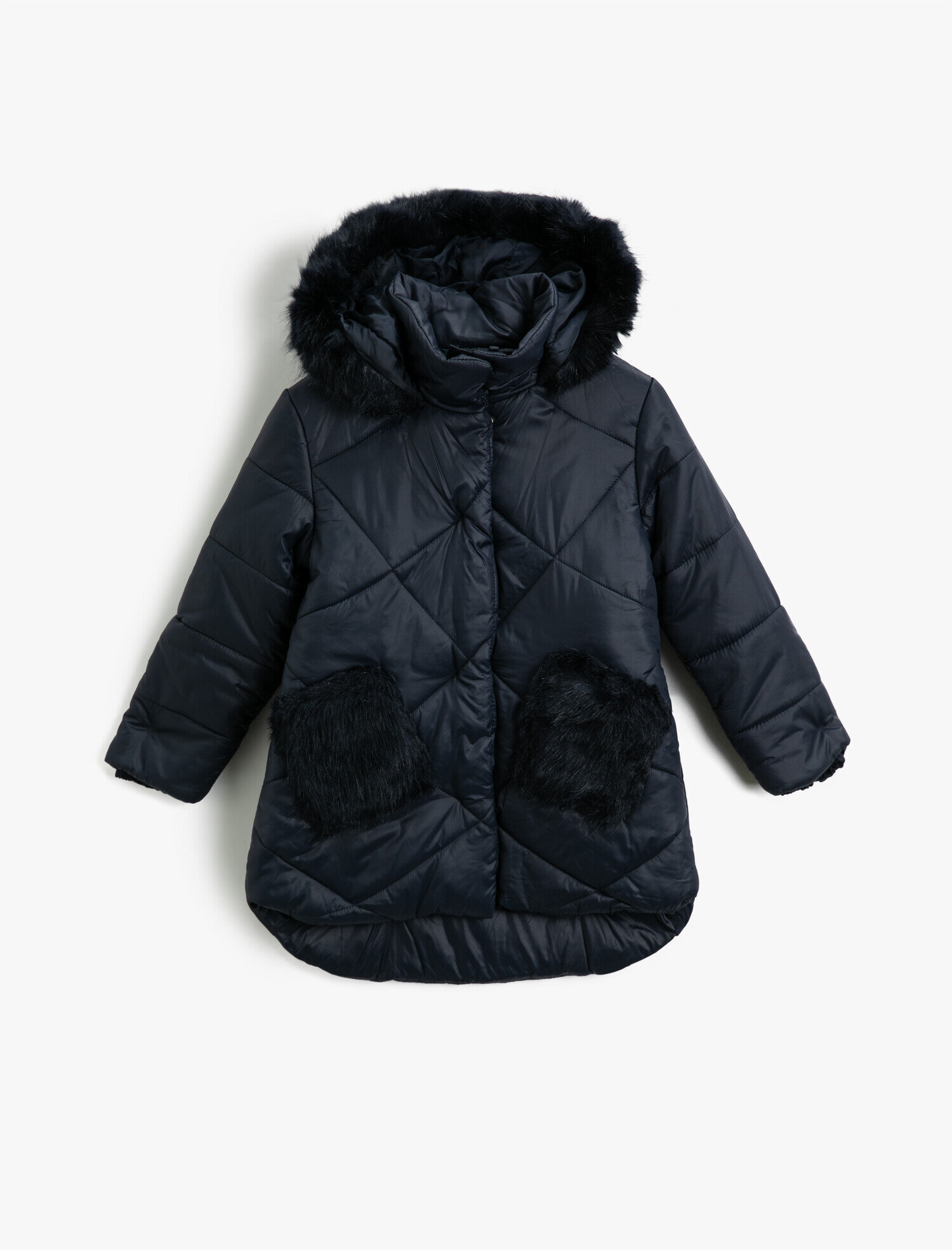  Kız Çocuk Kapüşonlu Cepli Tüylü Fermuarlı Şişme Mont